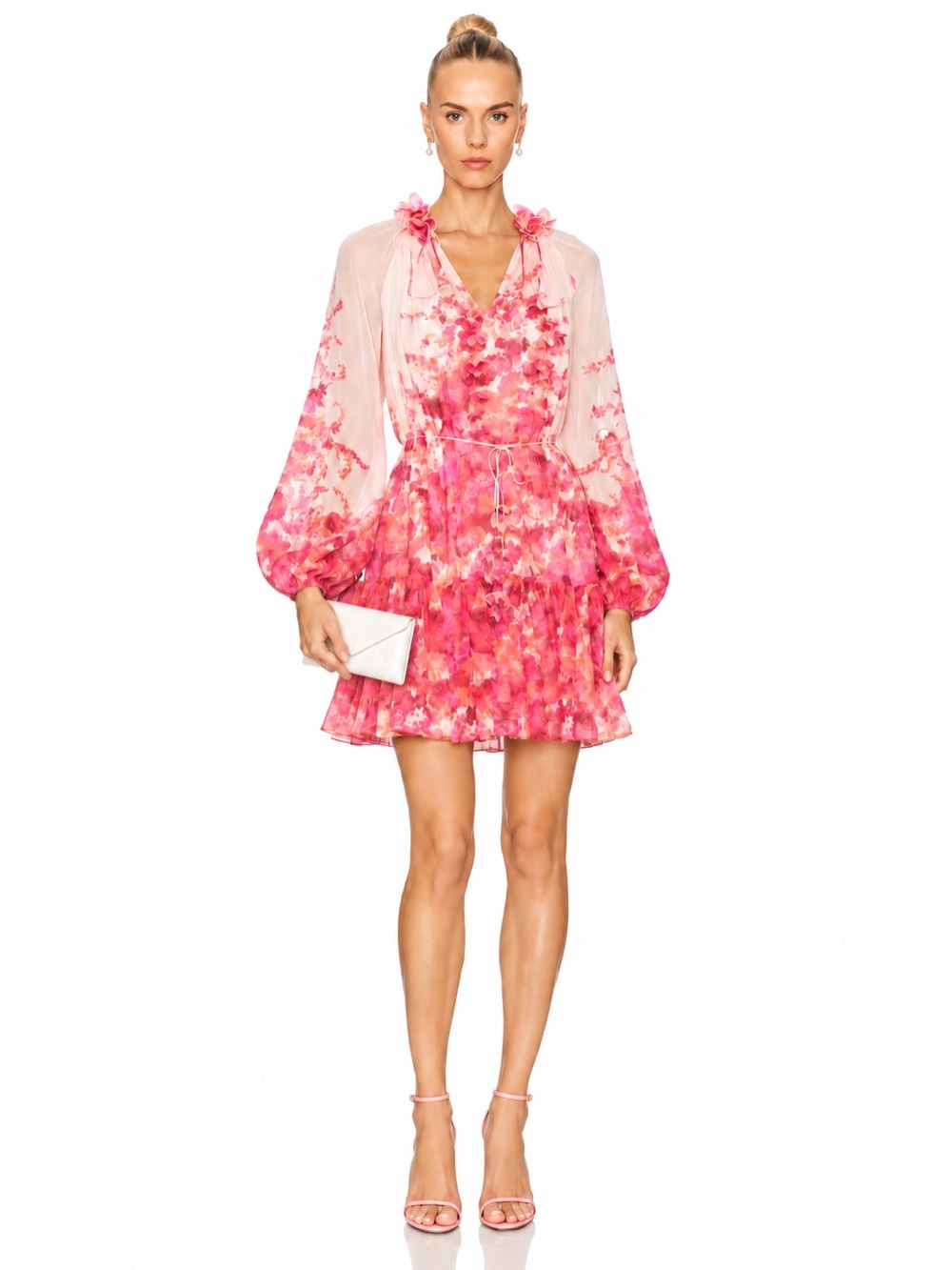 Zimmermann Pink Floral Balloon Sleeve Ruffle Mini Dress